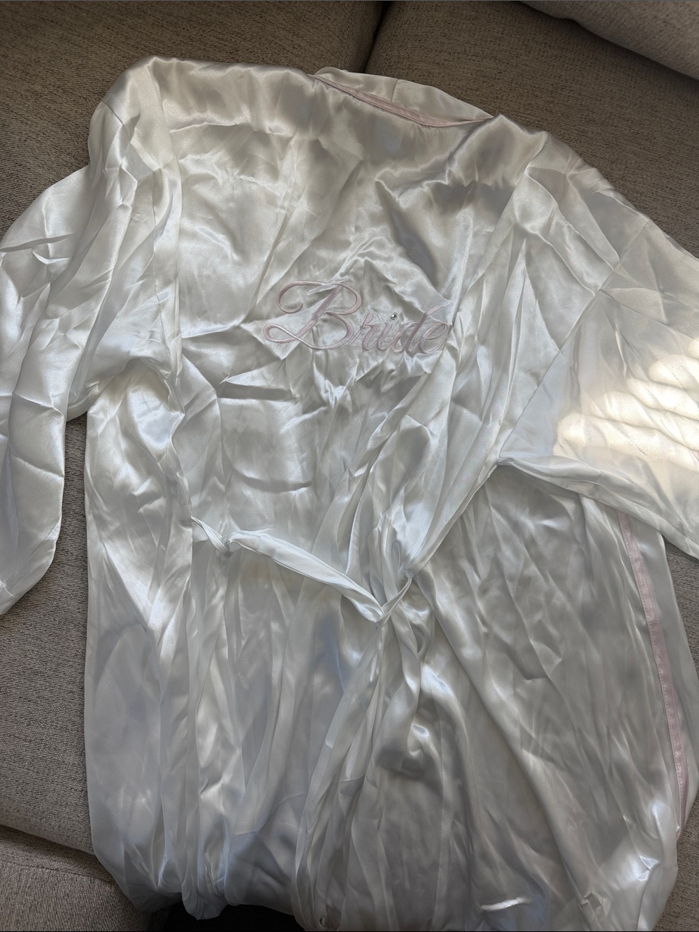 Bride Satin Robe in White with Pink Embroidery